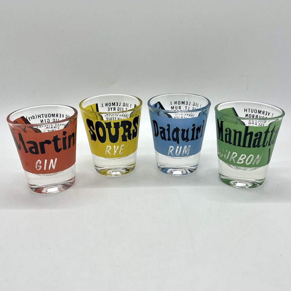 Vintage 4pc MCM Cocktail Shot Glasses Manhattan Martini Sours Daiquiri Recipes